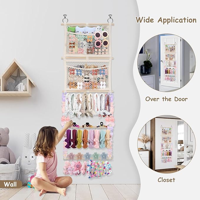 Headband Holder, 17x50in Hair Bow Holder W/ 2 Mesh Pockets & 24 Metal Hooks, Baby Bow Organizer for Girls, Wall Hanging Hair Accessories Organizer Storage Hanger for Toddler Room Nursery Decor(Beige)