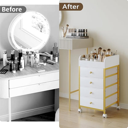 Rolling Makeup Organizer Cart - Under Desk Vanity Makeup Storage with 4 Fabric Drawers, Bathroom Storage Cart Cosmetic Display Cases for Nail Polish Brush Hair Tool