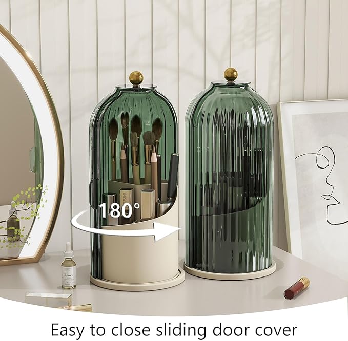 Makeup Brush Holder with Dustproof Cover 360 Rotating Makeup Brush Organizer for Vanity Bathroom, Green
