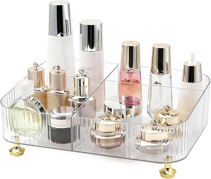 DASITON Makeup Organizer Countertop for Vanity, 5 Slots Makeup Brush Holder Organizer, Vintage Makeup Perfume Tray Cosmetic and Skincare Organizers for Bedroom Bathroom Counter, Desk Storage (Clear)