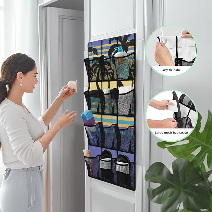 Palm Tree Over The Door Organizer 4 Shelf Hanging Storage Organizer with 12 Clear Mesh Shoe Organizer Door Hanger Closet Hanging Rack for Shoes for for Apartments Dorms