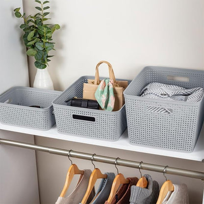 Sterilite 6-Pack Short Basket, Woven Plastic Storage Baskets for Organization, Cement - Organizing Bin Containers with Handles for Bedroom, Bathroom, Dorm, and Closet