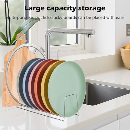JEPELUS 4 Pack Plate and Bowl Organizer for Cabinet with 2 Absorbent Cloths, Stainless Steel Cutting Board Organizer, 8 Slots Upright Bowl Storage Rack Dish Drying Racks for Pot Lids Plates Bakeware