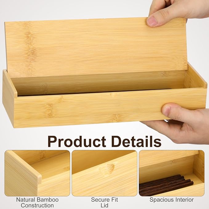 Cabilock Wooden Cutlery Box with Lid, Kitchen Chopsticks Box Utensils Drawer Organizer Bamboo Storage Case Countertop Silverware Container for Tableware