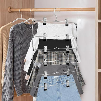 Skirt Pants Hangers with Clips,6Tier Skirt Hangers Space Saving,Metal Multi Pants Hangers and Storage Multi Clothes Shorts Hanger Organization,Space Saving Hangers with Clips (Black, 2-Piece Set)