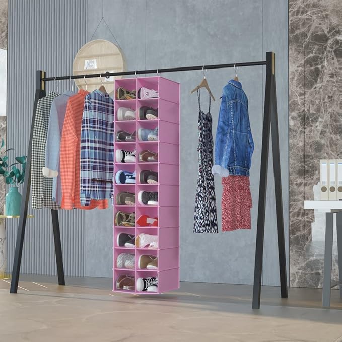 Libeder Hanging Shoe Organizer for Closet, Hanging Closet Organizers 20 Section Shoe Shelves, Space Saving Shoe Holder & Storage, Pink, 12''W×12''Dx 50''H