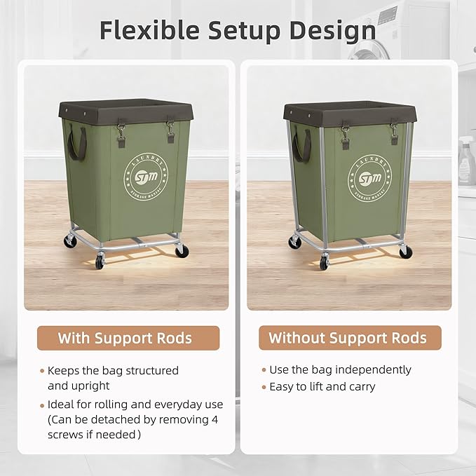 STORAGE MANIAC Commercial Laundry Hamper with Heavy Duty Steel Frame, 160 L Industrial Laundry Basket Cart with Wheels for Hotel, Home, Laundry Room, 18''L x 18''W x 31''H, Medium Green