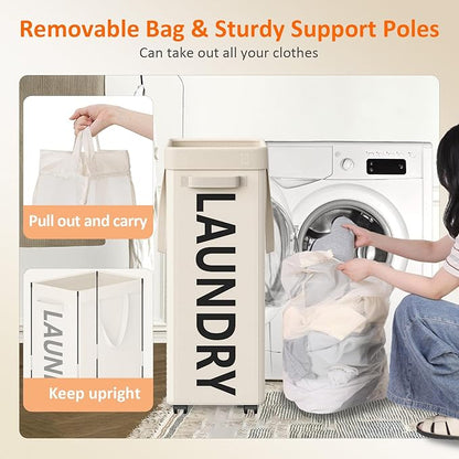 Optish 2 Pack Rolling Laundry Basket with Wheels, 90L Hamper with Wheels and Removable Mesh Bag, White Laundry Baskets on Wheels for Bedroom, Dorm, Clothes Hamper Organizer