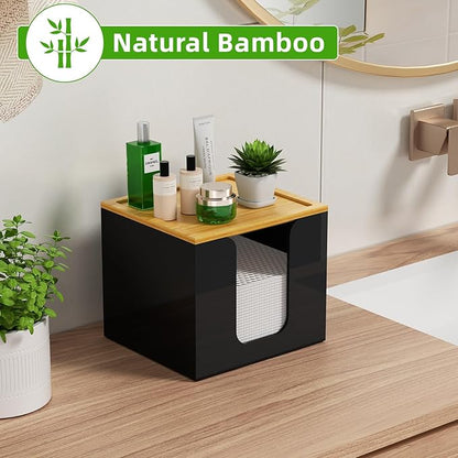 VITVITI Disposable Face Towel Holder Box, Acrylic Facial Towel Container for XL Clean Skin Club, Large Disposable Face Towels Storage with Bamboo Lid, for Bathroom, Vanity Makeup, Black