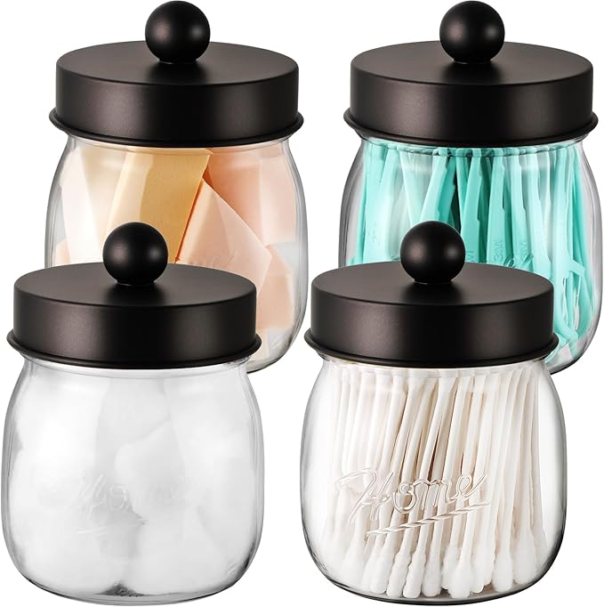 Farmhouse Decor Apothecary Jar Set,Mason Jar Bathroom Vanity Storage Organizer Canister-Qtip Holder Plastic Acrylic Jar for Cotton Swabs, Cotton Pad, Floss Pick, Paper Clip, Hair Clip (4 Pack, Bronze)