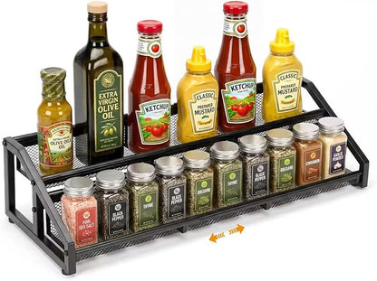 2 Tier Expandable Spice Rack Organizer for Kitchen，13.7"-23.6" Expandable Spice Organization Shelf,Metal Pantry Storage Shelves Racks,Space Saving for for Pantry, Counter top (Patent Pending)
