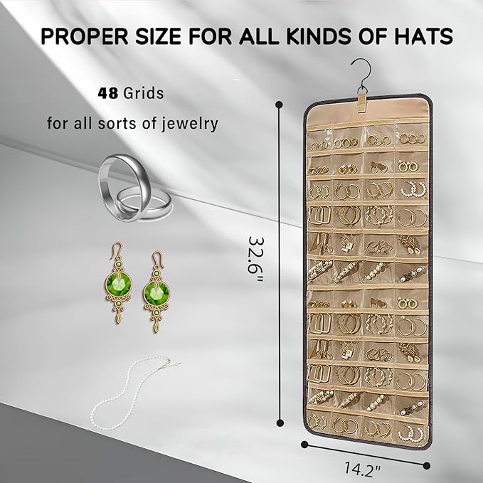 Hanging Jewelry Organizer with Hanger Metal Hooks,Wall Jewelry Holder for Earrings Necklaces Rings Bracelet,Double-Sided Closet Jewelry Storage Roll,Black