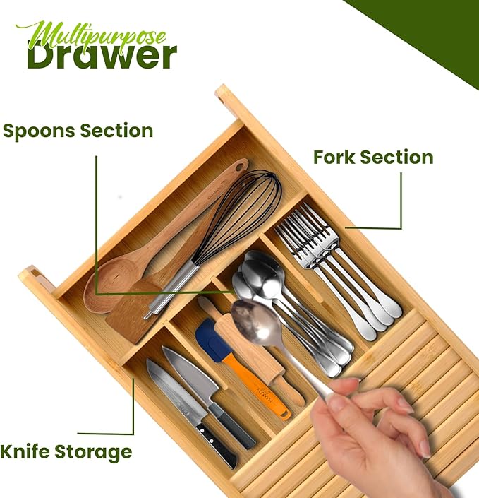 KozyKoala & Co. Bamboo Drawer Organizer with Sliding Lid - 5 Slot Kitchen Drawer Organizer & Utensil Holder - Wood Bamboo Cutlery Tray for Flatware & Multipurpose Storage for Home & Office