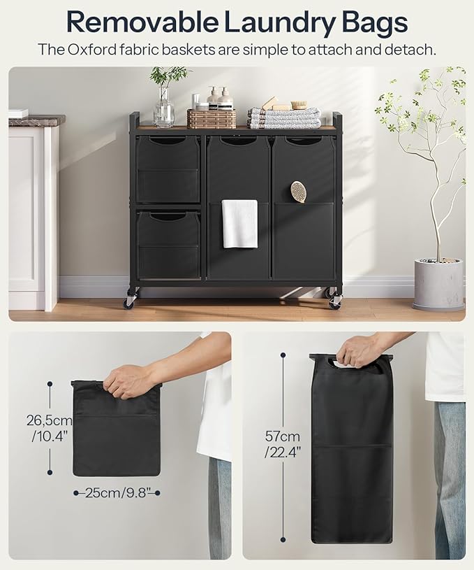 HOOBRO Laundry Sorter with 4 Section, 34 Gal. (127 L) Laundry Hamper with Wheels, Rolling Laundry Basket with Shelf, Pull-Out Detachable Bags, Side Pockets, Rustic Brown and Black BF14XY01N1