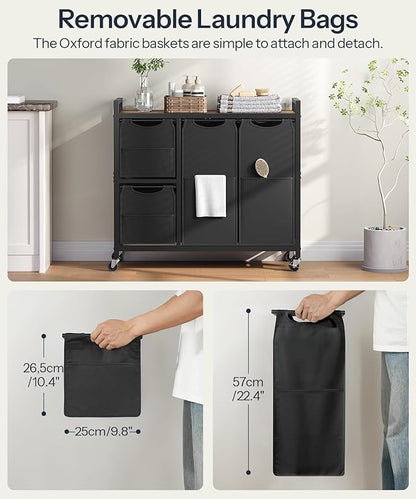 HOOBRO Laundry Sorter with 4 Section, 34 Gal. (127 L) Laundry Hamper with Wheels, Rolling Laundry Basket with Shelf, Pull-Out Detachable Bags, Side Pockets, Rustic Brown and Black BF14XY01N1