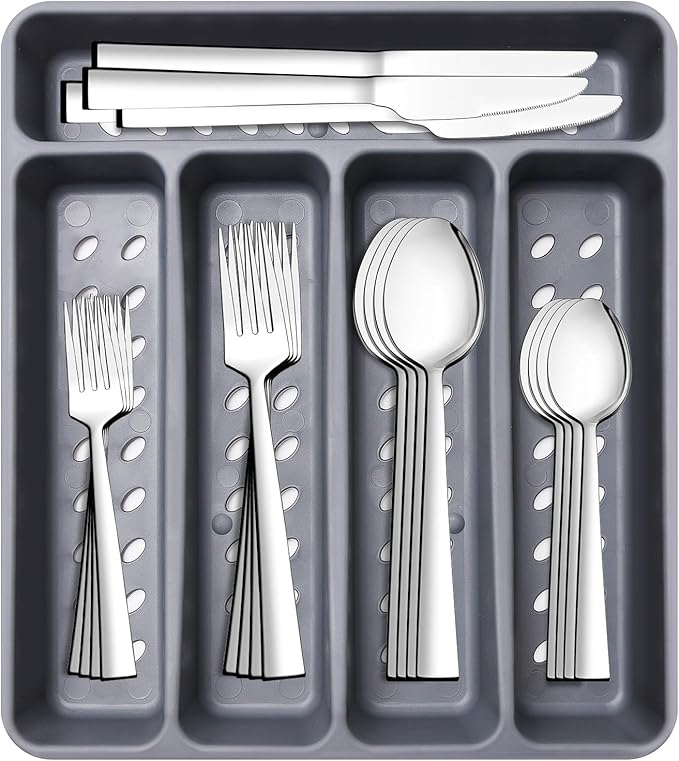 21 Piece Kitchen Silverware Set with Organizer Tray, Fork Spoon Knife Set Stainless Steel Cutlery Heavy Duty Silverware Set for 4 Flatware Tableware Eating Utensils Sets Forks Knives and Spoons Set