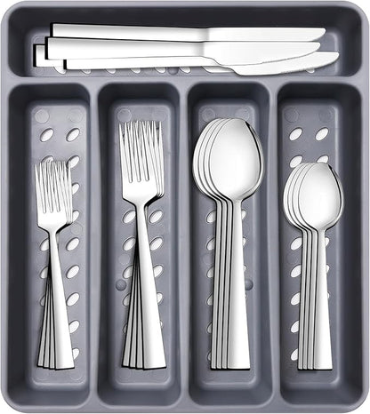 21 Piece Kitchen Silverware Set with Organizer Tray, Fork Spoon Knife Set Stainless Steel Cutlery Heavy Duty Silverware Set for 4 Flatware Tableware Eating Utensils Sets Forks Knives and Spoons Set