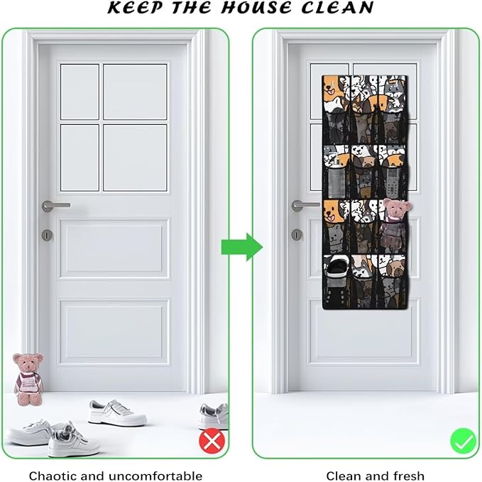 12 Pockets Behind Door Organizer Cartoon Cats Over The Door Shoe Organizer Multi-Funtion Wall Hanging Storage for Living Room Large Capacity Shoe Holder Hanger