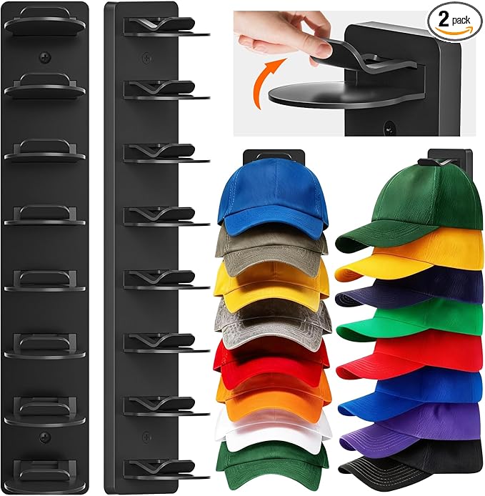 Vocanoe Hat Organizer for Baseball Caps, 2 Pack Hat Rack for Wall Strong Adhesive, Multilayer Hat Storage Holder, Wall Mounted Cap Racks for Closet Door and Bedroom