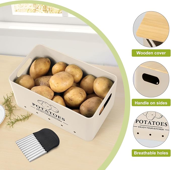 Kitchen Vegetable Storage Set of 3, Metal Onion Garlic Potato Storage Set, Kitchen Canisters Vegetable Keeper Containers with Aerating Holes and Wooden Lid (Beige)