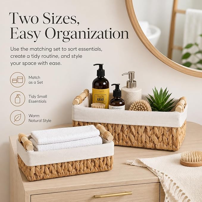 Water Hyacinth Bathroom Baskets for Shelves Set of 2 with Linen Liner & Wooden Handles – Wicker Bathroom Counter Organizer for Vanity, Towels & Toiletries