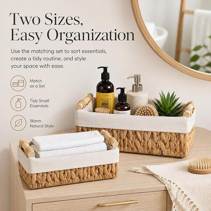 Water Hyacinth Bathroom Baskets for Shelves Set of 2 with Linen Liner & Wooden Handles – Wicker Bathroom Counter Organizer for Vanity, Towels & Toiletries