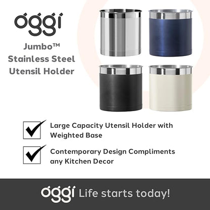 Oggi Stainless Steel Jumbo Utensil Holder - 7" Utensil Caddy, Weighted Base for Stability - Extra Large Utensil Crock and Countertop Utensil Organizer, Olive