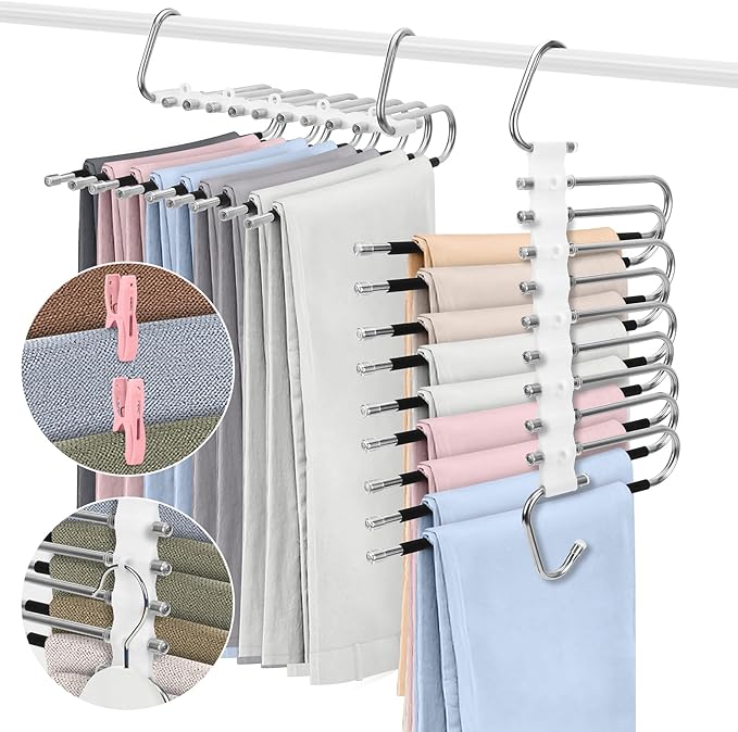 SANLIKE 2 Pack 9 Layers Pants Hangers Space-Saving Stainless Steel Closet Hangers 20pcs Fixed Clips Non-Slip Multi-Functional Pants Rack Two Hanging Modes for Trousers Jeans Leggings Scarf Skirts