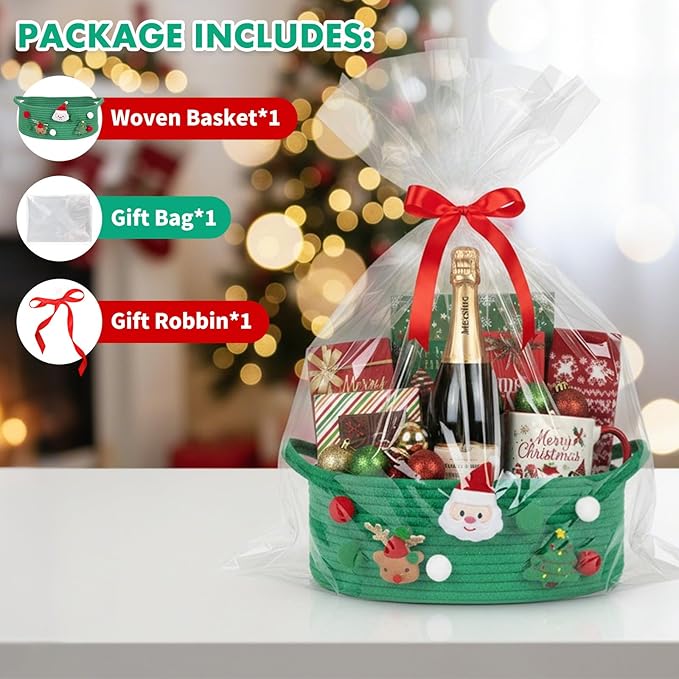 ShellKingdom Storage Basket with Handles, Empty Gift Basket with Gift Bags and Ribbon for Christmas, Small Woven Baskets for Home, Nursery Storage Organizer, 12 X 8 X 5 INCH, Christmas Green