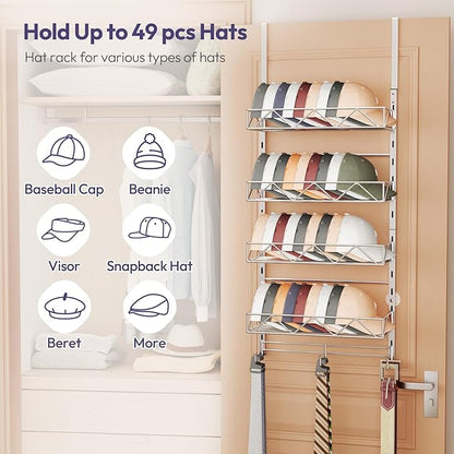SWTYMIKI Over Door Hat Organizer - 5 Tier Wall Mounted Hat Rack with 4 Adjustable Metal Basket Heights Design and 3 Hooks, Baseball Cap Organizer Storage Holds up to 49 Caps for Door, Bedroom, Closet