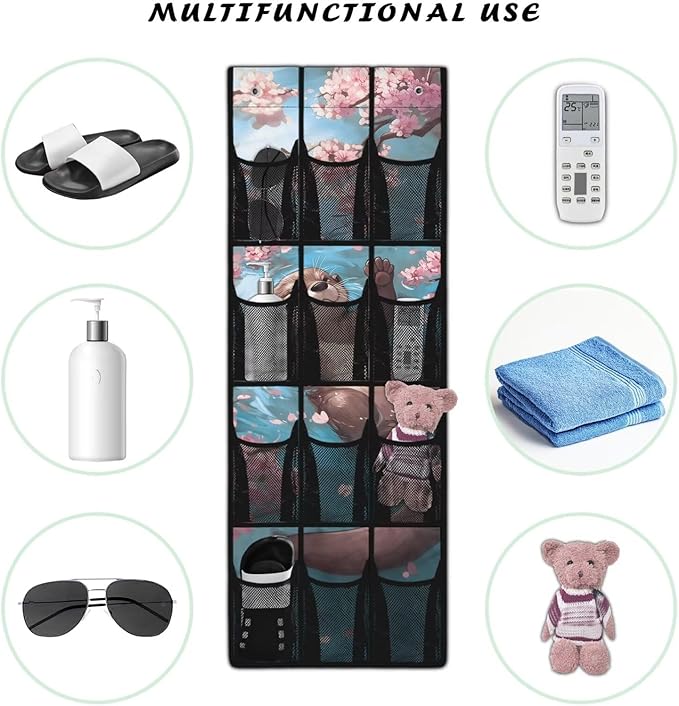 Over The Door Shoe Organizer Cherry Blossom Sloth Hanging Shoe Rack for Closet with 12 Large Mesh Pockets Washable Reusable Door Hanging Storage Bag for Small Spaces