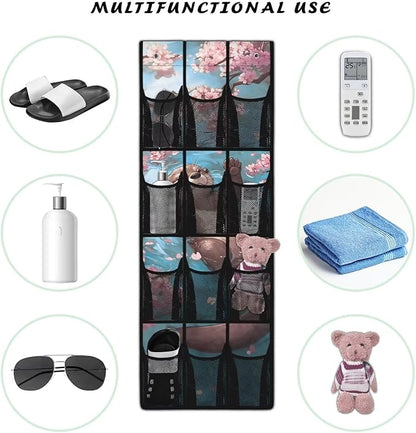 Over The Door Shoe Organizer Cherry Blossom Sloth Hanging Shoe Rack for Closet with 12 Large Mesh Pockets Washable Reusable Door Hanging Storage Bag for Small Spaces