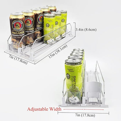 Drink Organizer for Fridge, Self Pushing Soda Can Dispenser for Refrigerator, Automatic Beverage Pusher Glide Beer Water Bottle Holder -2 Rows, White