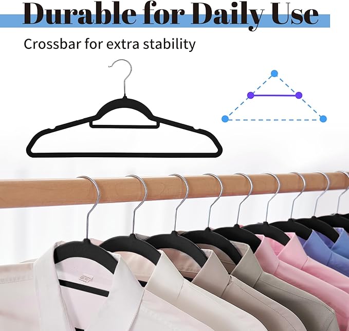 Smartor Velvet Hangers with Tie Bar 120 Pack, Non Slip Clothes Hangers with Shoulder Notches, Premium Slim Space Saving Felt Hanger for Closet Organizers and Storage, Heavy Duty Hanger for Coat, Black