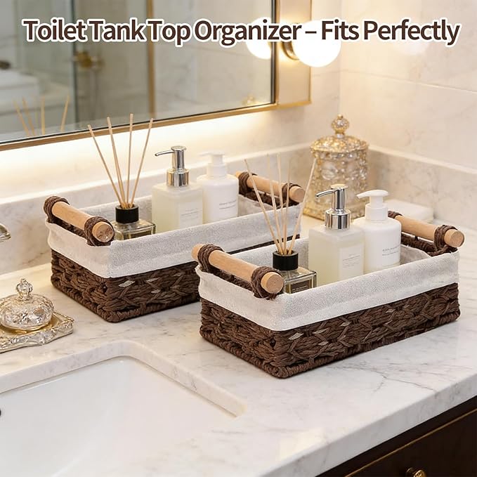 Storage Basket Wicker Baskets for Organizing, Storage Bins for Countertop & Toilet Paper, Toilet Tank Top Organizer (Set of 2, Dark-Brown)
