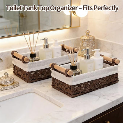 Storage Basket Wicker Baskets for Organizing, Storage Bins for Countertop & Toilet Paper, Toilet Tank Top Organizer (Set of 2, Dark-Brown)