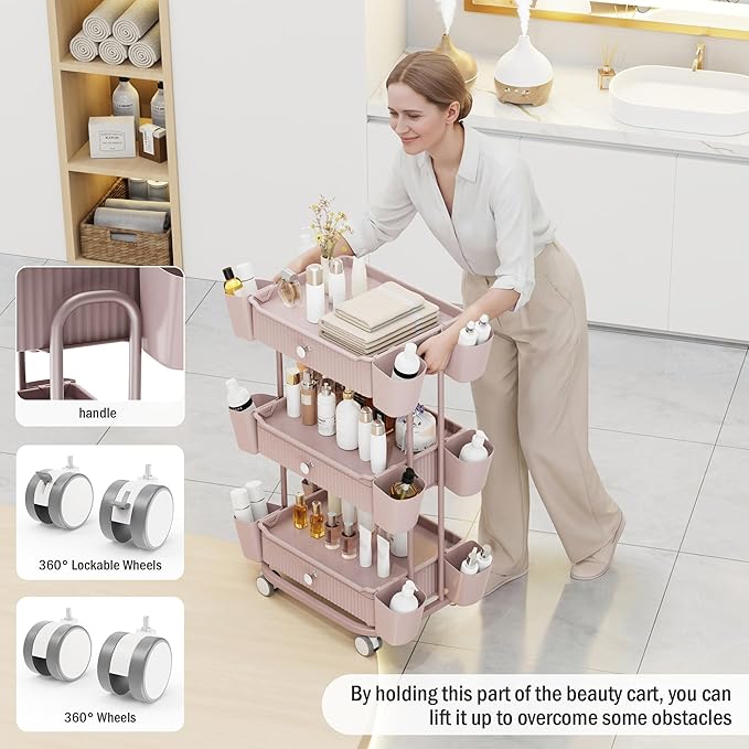 3 Tier Drawer Beauty Cart with 12 Movable Storage Organizer, Thickened ABS & 360° Wheels for Salon Station for Hair Stylist, Beauty Salon, Spa Massage Parlor, Makeup Organizer and More - Pink