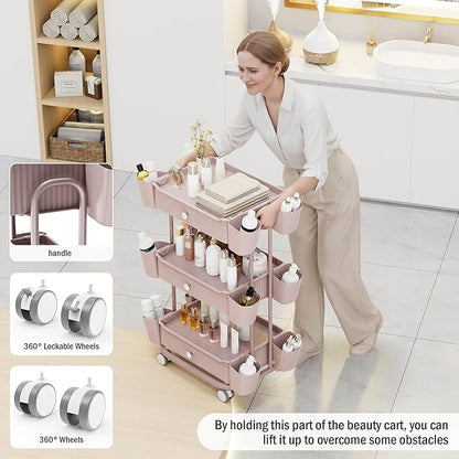 3 Tier Drawer Beauty Cart with 12 Movable Storage Organizer, Thickened ABS & 360° Wheels for Salon Station for Hair Stylist, Beauty Salon, Spa Massage Parlor, Makeup Organizer and More - Pink