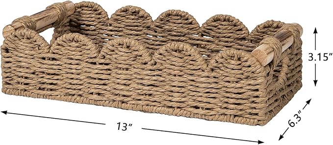 CubesLand Bathroom Basket Organizer w/Cut Out Handle, Back of Toilet Paper Storage Baskets for Bathroom Countertop Decorative, Small Scalloped Wicker Basket Also for Home Decor, Living Room, Neutral