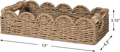 CubesLand Bathroom Basket Organizer w/Cut Out Handle, Back of Toilet Paper Storage Baskets for Bathroom Countertop Decorative, Small Scalloped Wicker Basket Also for Home Decor, Living Room, Neutral