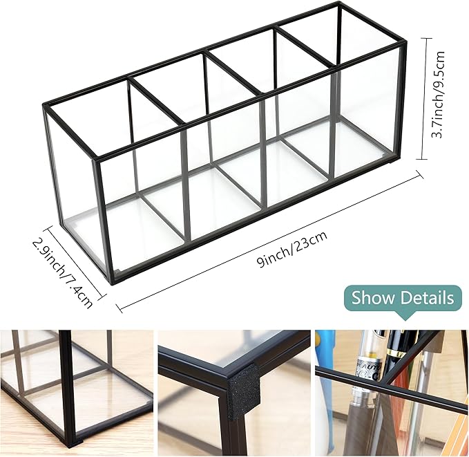 ELEGANTLIFE Clear Glass Makeup Brush Organizer,Luxurious Tempered Glass Cosmetics Brushes Storage Holder for Refined Bathroom Decor (Black, 4 Sections)