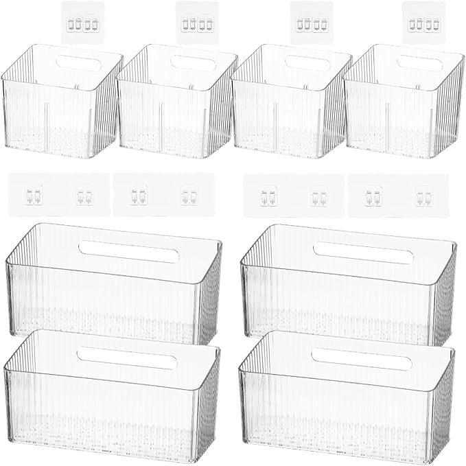 8 PCS Cabinet Door Organizer Bins, Clear Plastic Hanging Storage Baskets with Adhesive Hooks, Wall Mount Organizer for Bathroom, Fridge, Kitchen Pantry, Under Sink and Drawer, With Drain Holes