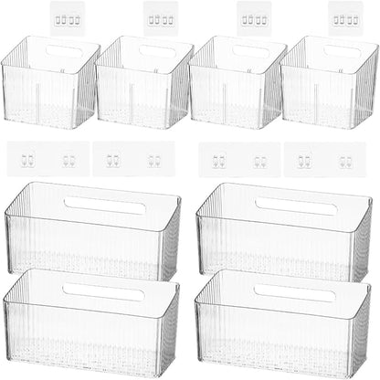 8 PCS Cabinet Door Organizer Bins, Clear Plastic Hanging Storage Baskets with Adhesive Hooks, Wall Mount Organizer for Bathroom, Fridge, Kitchen Pantry, Under Sink and Drawer, With Drain Holes