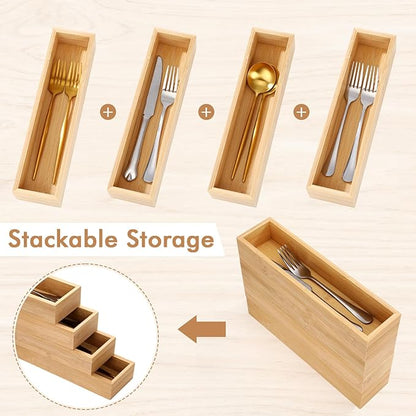 4 Pcs Bamboo Drawer Organizer Stackable Utensil Organizer for Kitchen Bamboo Storage Box Wood Silverware Tray for Drawer, Dresser, Bathroom 12" x 3" x 2"