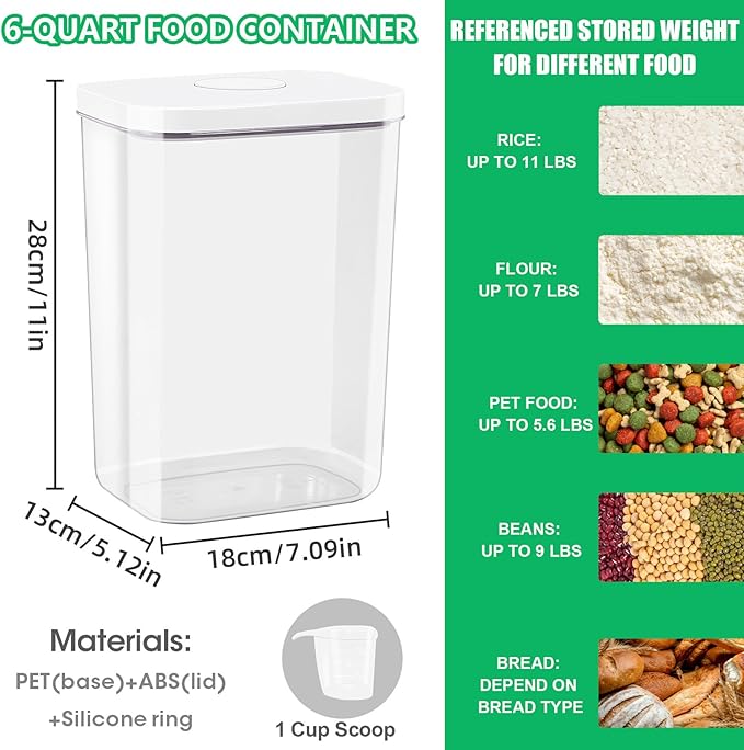TBMAXS 6 Qt Food Storage Container with Pop-up Lid -Airtight Crystal-Clear Plastic Flour Container, Tall and Slim Storage Bin Fit for Kitchen Pantry Organization