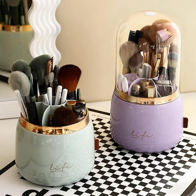 360 Rotating Makeup Brush Holder with Lid Clear Dustproof Make Up Organizers for Vanity Countertop Includes a Foldable Bowl for Cleaning Makeup Brush,Transparent, Dustproof-Purple