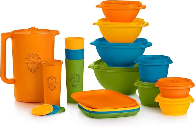 Tupperware Heritage Get it All Retro Collection, 30 Piece Food Storage Container Set in Retro Colors, Dishwasher Safe and BPA Free