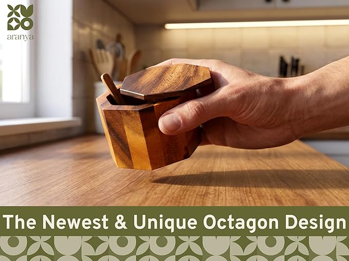 ARANYA Wooden Pepper and Salt Cellar with Lid and Spoon Set Keeper Two Compartments Spice Seasoning Wood 7oz. Container for Countertop Kitchen Storage Sea Salt Box Holder with Anti-Slip Feet Slip