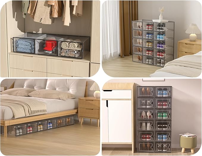 Kuject XX-Large Shoe Storage Boxes Organizers Clear Plastic Stackable 12 Pack, Shoe Rack & Holder Substitute, Sneaker Containers, Shoe Storage Organizer Bins for Closet, Under Bed, Black(No Fold Line)