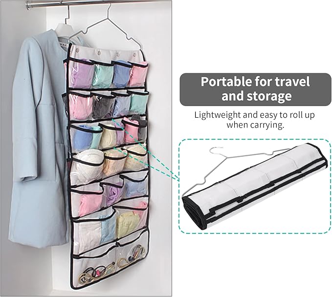 Closet Hanging Organizer, Dual Sided Hanging Wardrobe Storage Bags, 42 Clear Pockets Storage Hanger for Jewelry Socks Underwear (White)